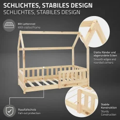 Lit d'enfant ML-Design 140x70cm naturel en bois de pin avec toit et sommier protection contre chutes