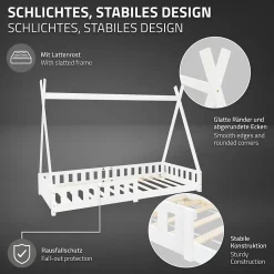 Lit d'enfants ML-Design Tipi 90x200 cm blanc indien en bois de pin avec sommier et clôture de jeu