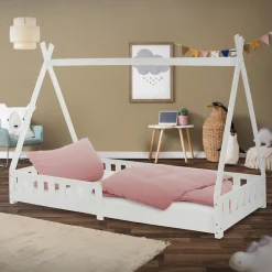 Lit d'enfants ML-Design Tipi 90x200 cm blanc indien en bois de pin avec sommier et clôture de jeu