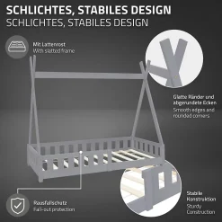 Lit d'enfants ML-Design Tipi 80x160 cm gris clair maison en bois de pin avec sommier clôture de jeu