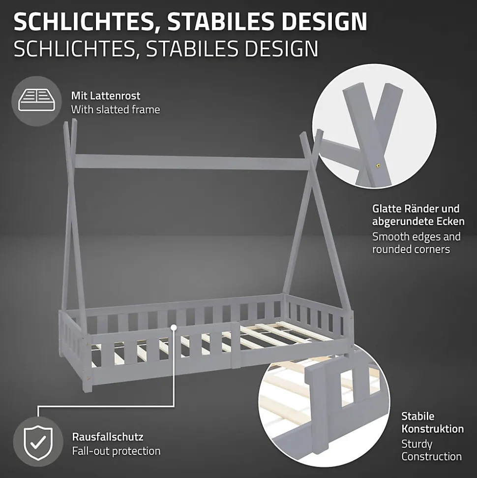 Lit d'enfants ML-Design Tipi 80x160 cm gris clair maison en bois de pin avec sommier clôture de jeu
