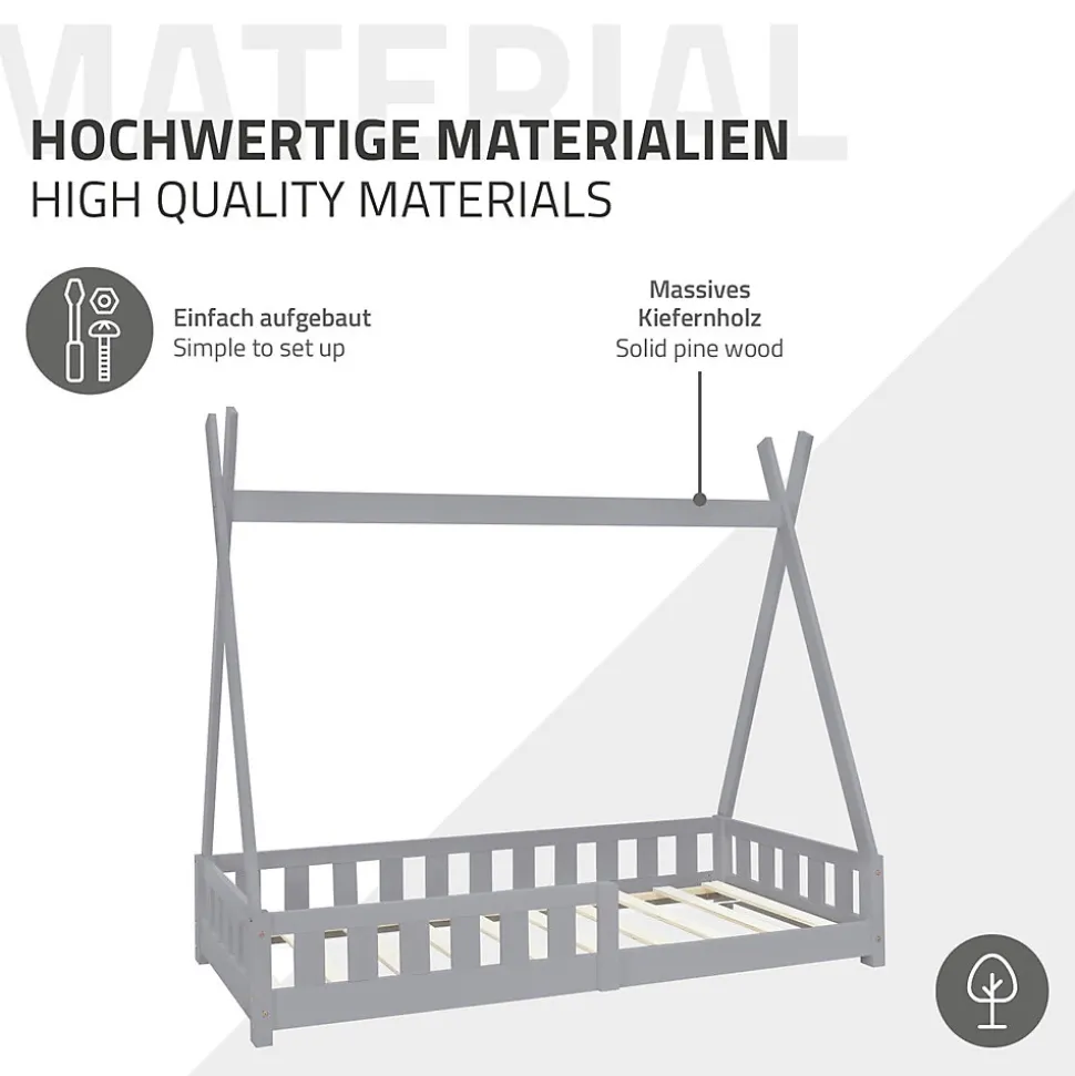 Lit d'enfants ML-Design Tipi 80x160 cm gris clair maison en bois de pin avec sommier clôture de jeu