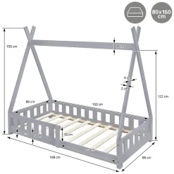 Lit d'enfants ML-Design Tipi 80x160 cm gris clair maison en bois de pin avec sommier clôture de jeu