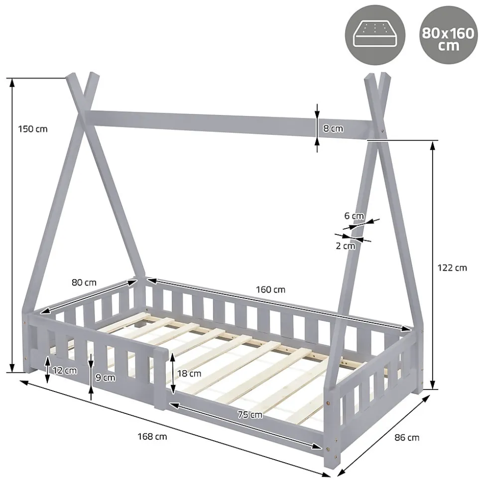 Lit d'enfants ML-Design Tipi 80x160 cm gris clair maison en bois de pin avec sommier clôture de jeu