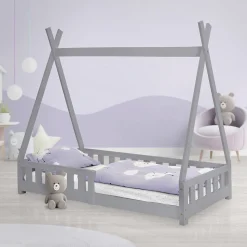 Lit d'enfants ML-Design Tipi 80x160 cm gris clair maison en bois de pin avec sommier clôture de jeu