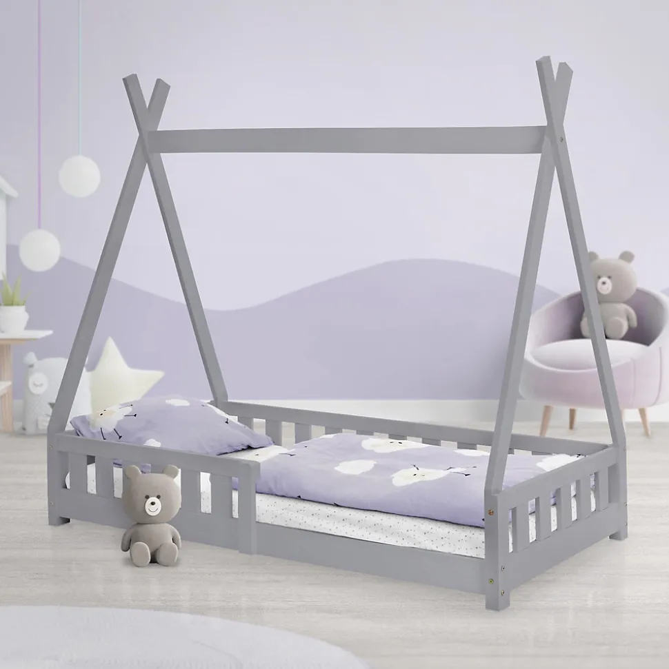 Lit d'enfants ML-Design Tipi 80x160 cm gris clair maison en bois de pin avec sommier clôture de jeu
