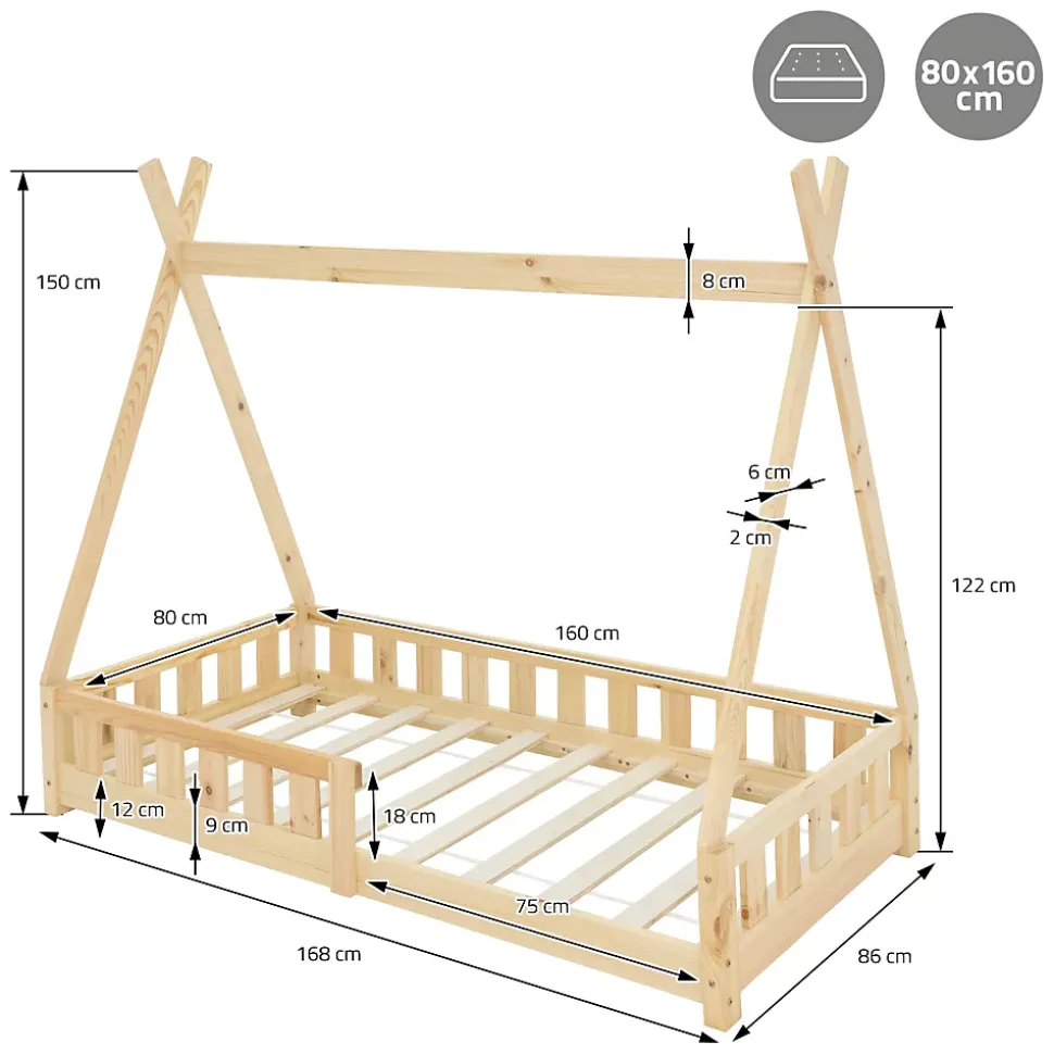 Lit d'enfants ML-Design Tipi 80x160 cm naturel maison en bois de pin avec sommier clôture de jeu