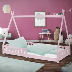 Lit d'enfants ML-Design Tipi 90x200cm vert menthe indien bois de pin avec sommier et clôture de jeu