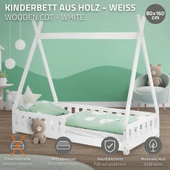 Lit d'enfants ML-Design Tipi 80x160 cm blanc maison en bois de pin avec sommier clôture de jeu