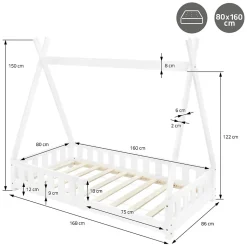 Lit d'enfants ML-Design Tipi 80x160 cm blanc maison en bois de pin avec sommier clôture de jeu