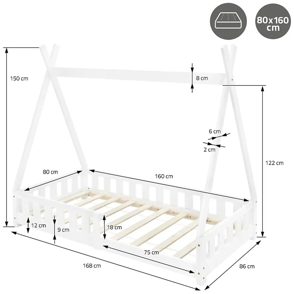 Lit d'enfants ML-Design Tipi 80x160 cm blanc maison en bois de pin avec sommier clôture de jeu