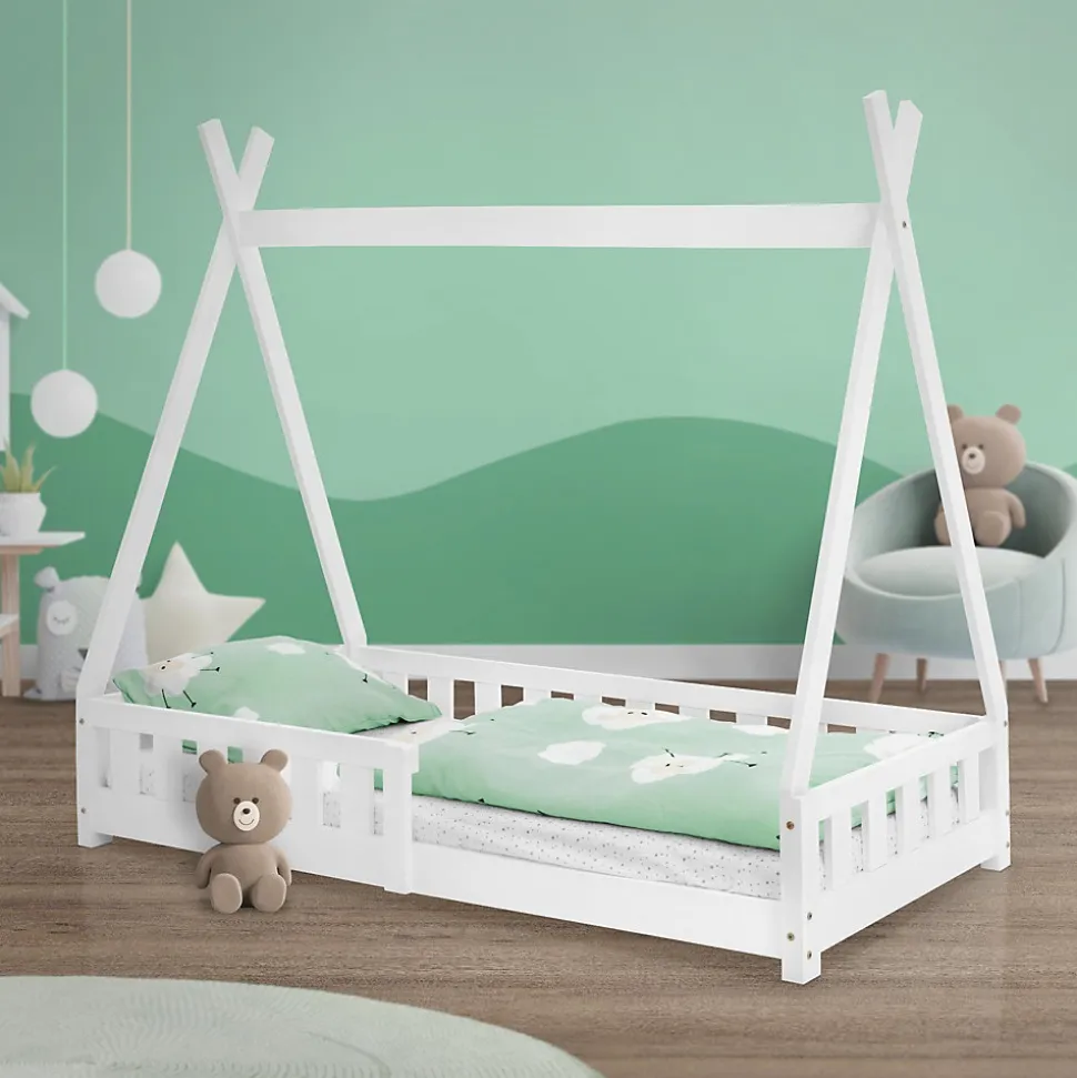 Lit d'enfants ML-Design Tipi 80x160 cm blanc maison en bois de pin avec sommier clôture de jeu