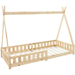 Lit d'enfants ML-Design Tipi 90x200 cm naturel indien en bois de pin avec sommier et clôture de jeu