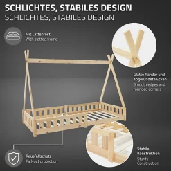 Lit d'enfants ML-Design Tipi 90x200 cm naturel indien en bois de pin avec sommier et clôture de jeu