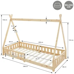 Lit d'enfants ML-Design Tipi 90x200 cm naturel indien en bois de pin avec sommier et clôture de jeu