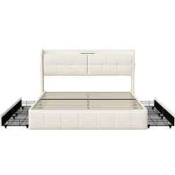 Lit double 160 x 200 avec 4 tiroir,Lit rembourré 160 x 200 avec chargement USB,PU,Beige
