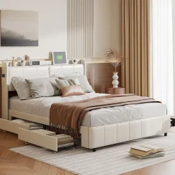 Lit double 160 x 200 avec 4 tiroir,Lit rembourré 160 x 200 avec chargement USB,PU,Beige