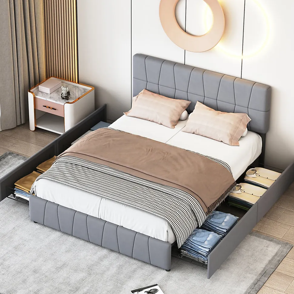 lit double 160 x 200 avec 4 tiroirs,lit capitonné avec sommier à lattes en bois,Tissu velours doux pour la peau,Gris