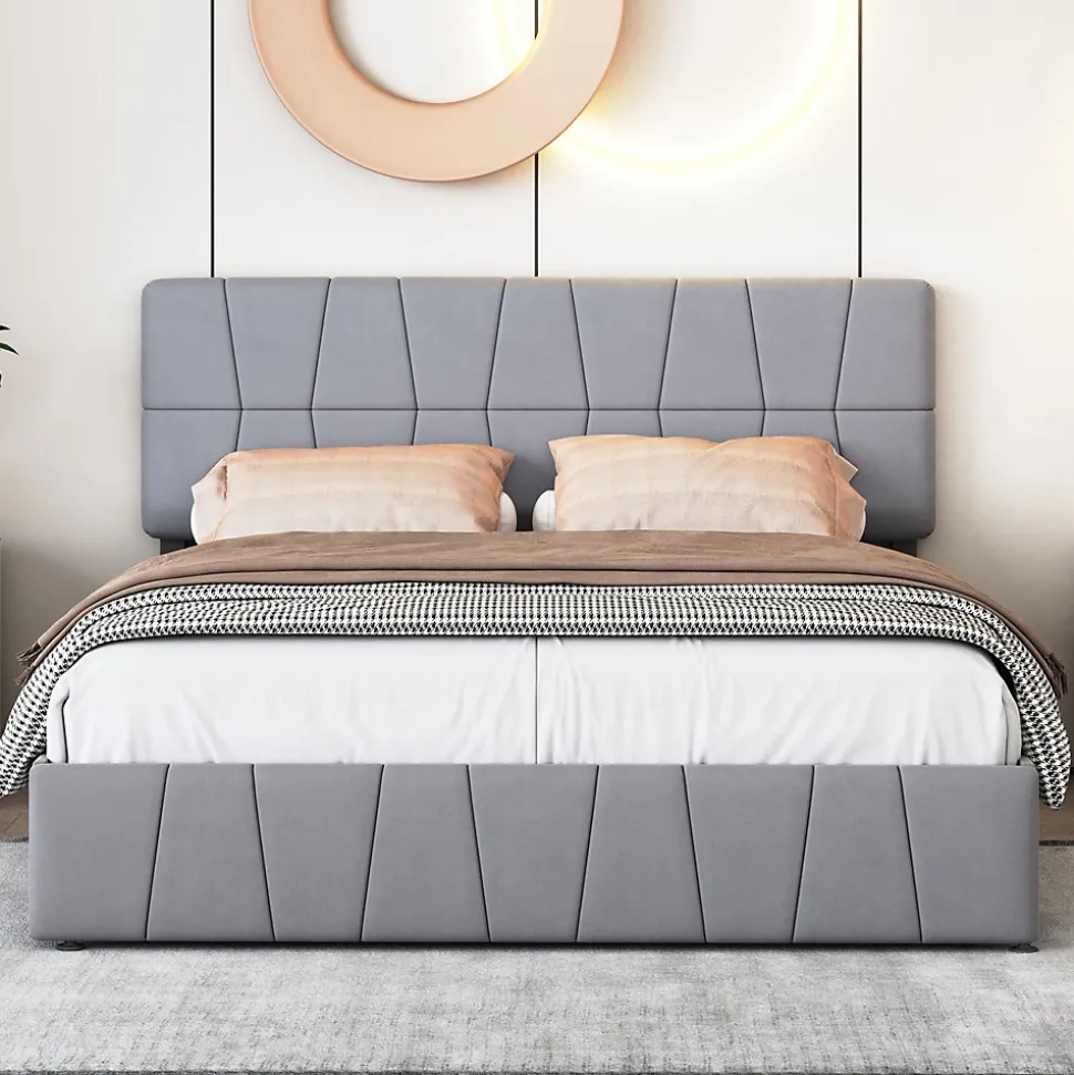 lit double 160 x 200 avec 4 tiroirs,lit capitonné avec sommier à lattes en bois,Tissu velours doux pour la peau,Gris