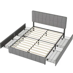 lit double 160 x 200 avec 4 tiroirs,lit capitonné avec sommier à lattes en bois,Tissu velours doux pour la peau,Gris
