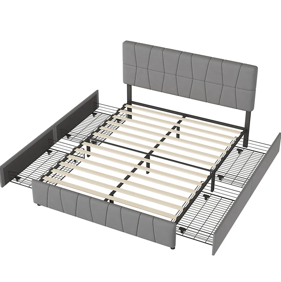 lit double 160 x 200 avec 4 tiroirs,lit capitonné avec sommier à lattes en bois,Tissu velours doux pour la peau,Gris