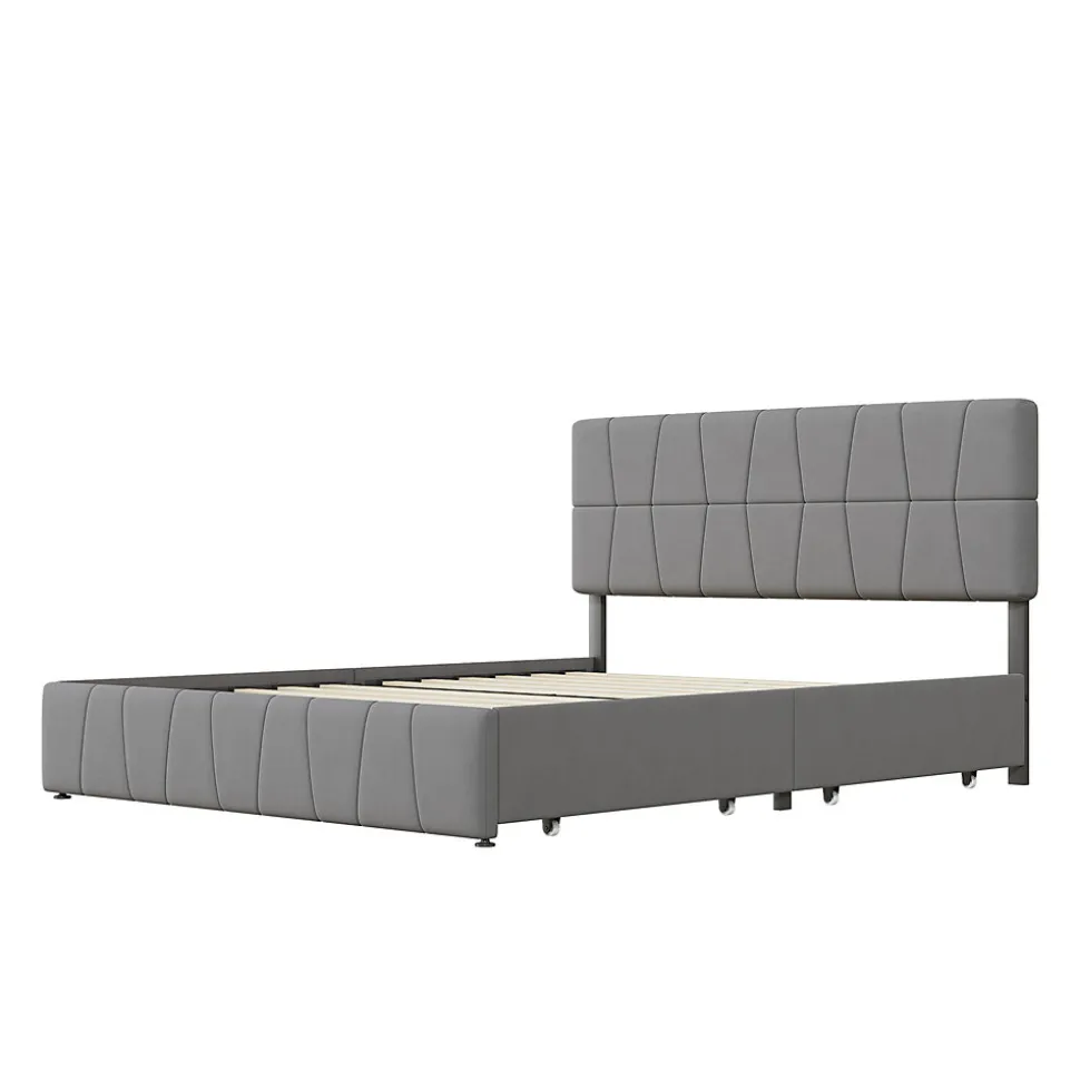 lit double 160 x 200 avec 4 tiroirs,lit capitonné avec sommier à lattes en bois,Tissu velours doux pour la peau,Gris