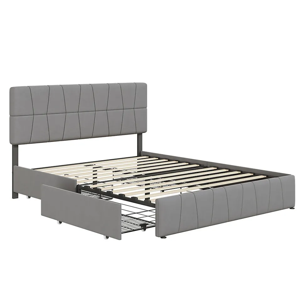 lit double 160 x 200 avec 4 tiroirs,lit capitonné avec sommier à lattes en bois,Tissu velours doux pour la peau,Gris