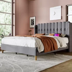 Lit Double 180 x 200 Cm - Lit Adult avec Chargement USB Type-C - Lin, MDF, Métal - Sans Matelas - Gris