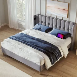 Lit Double 180 x 200 Cm - Lit Adult avec Chargement USB Type-C - Lin, MDF, Métal - Sans Matelas - Gris