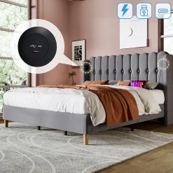 Lit Double 180 x 200 Cm - Lit Adult avec Chargement USB Type-C - Lin, MDF, Métal - Sans Matelas - Gris