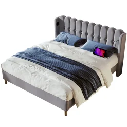 Lit Double 180 x 200 Cm - Lit Adult avec Chargement USB Type-C - Lin, MDF, Métal - Sans Matelas - Gris