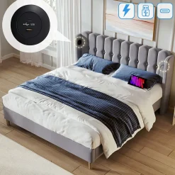 Lit Double 140 x 200 Cm - Lit Adult avec Chargement USB Type-C - Lin, MDF, Métal - Sans Matelas - Gris