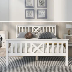 Lit double 140 x 200 cm - Lit classique avec tête de lit et sommier à lattes - Pin massif + MDF - Sans Matelas - Blanc