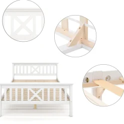 Lit double 140 x 200 cm - Lit classique avec tête de lit et sommier à lattes - Pin massif + MDF - Sans Matelas - Blanc