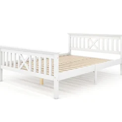 Lit double 140 x 200 cm - Lit classique avec tête de lit et sommier à lattes - Pin massif + MDF - Sans Matelas - Blanc