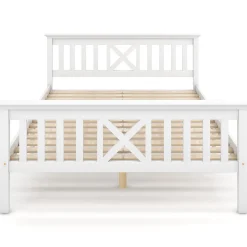 Lit double 140 x 200 cm - Lit classique avec tête de lit et sommier à lattes - Pin massif + MDF - Sans Matelas - Blanc