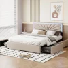 Lit Double 160 X 200 Cm Avec 4 Tiroirs, Cadre De Lit Avec LED Et Sommier à Lattes, Lin, Beige