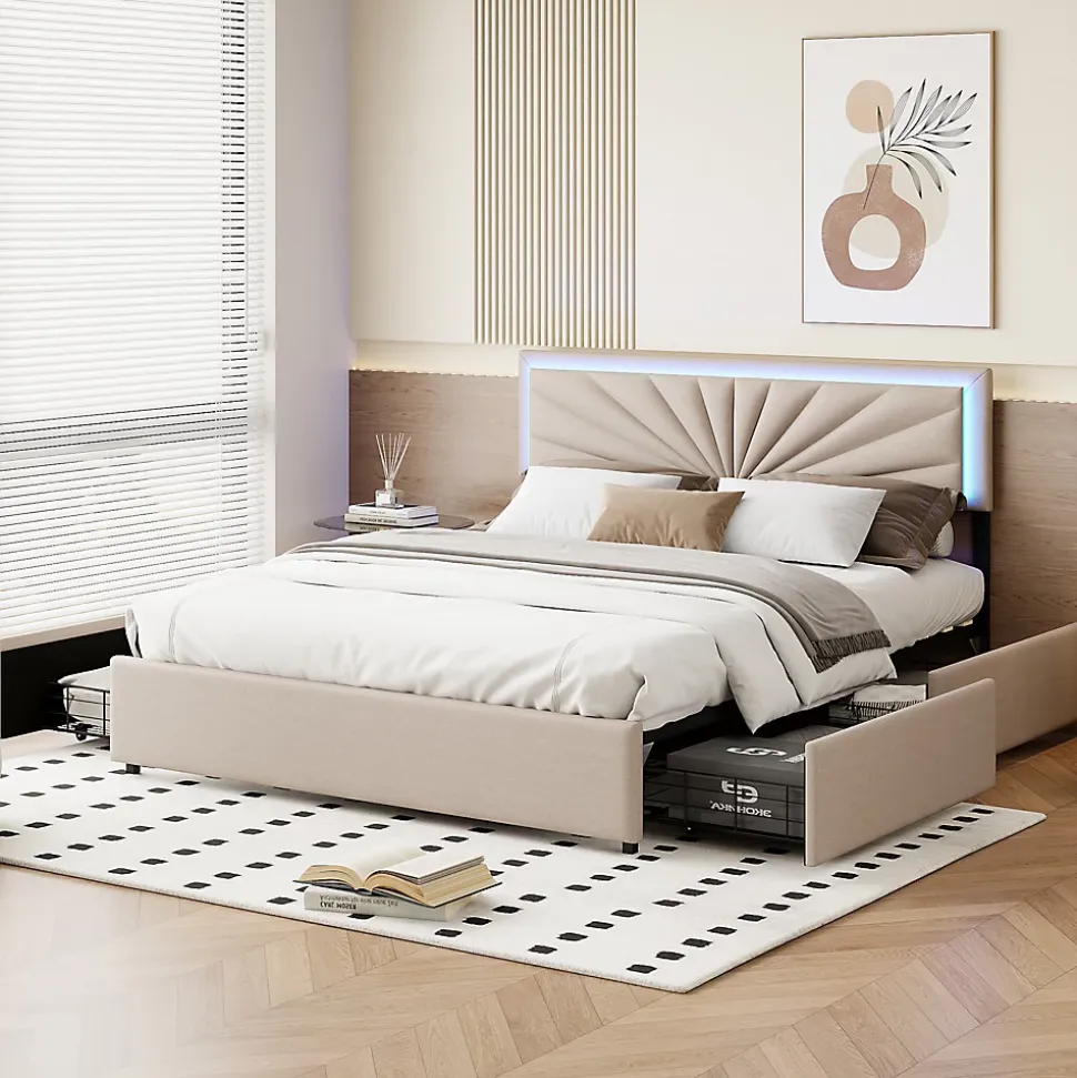 Lit Double 160 X 200 Cm Avec 4 Tiroirs, Cadre De Lit Avec LED Et Sommier à Lattes, Lin, Beige