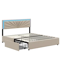 Lit Double 160 X 200 Cm Avec 4 Tiroirs, Cadre De Lit Avec LED Et Sommier à Lattes, Lin, Beige