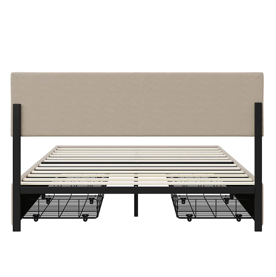 Lit Double 160 X 200 Cm Avec 4 Tiroirs, Cadre De Lit Avec LED Et Sommier à Lattes, Lin, Beige