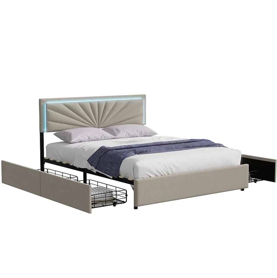 Lit Double 160 X 200 Cm Avec 4 Tiroirs, Cadre De Lit Avec LED Et Sommier à Lattes, Lin, Beige