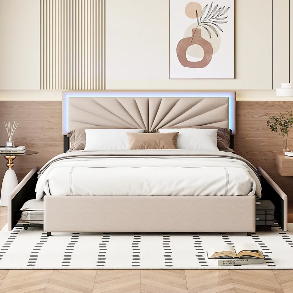 Lit Double 160 X 200 Cm Avec 4 Tiroirs, Cadre De Lit Avec LED Et Sommier à Lattes, Lin, Beige