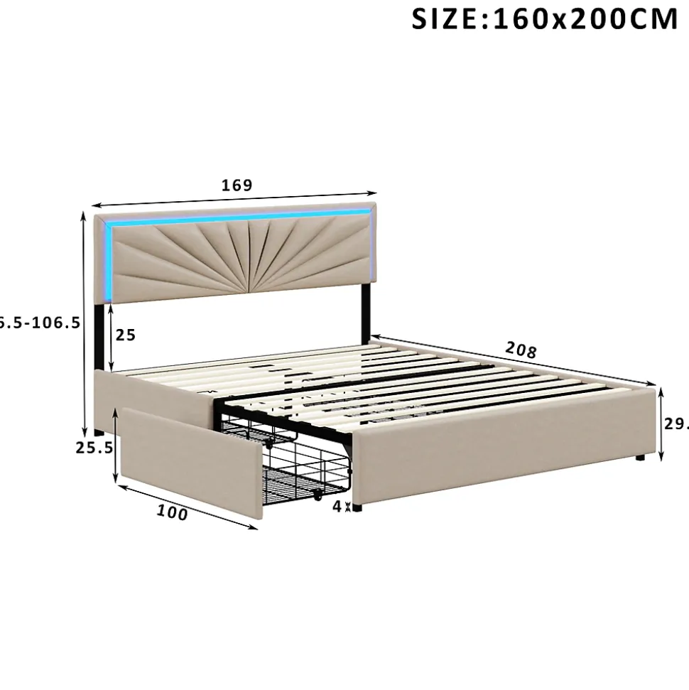 Lit Double 160 X 200 Cm Avec 4 Tiroirs, Cadre De Lit Avec LED Et Sommier à Lattes, Lin, Beige