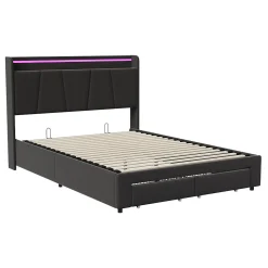 Lit Double 140 X 200 Cm Avec Éclairage LED, Prise USB, Rangement, Tête De Lit Capitonnée, Noir