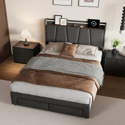 Lit Double 140 X 200 Cm Avec Éclairage LED, Prise USB, Rangement, Tête De Lit Capitonnée, Noir