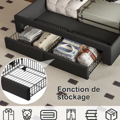 Lit Double 140 X 200 Cm Avec Éclairage LED, Prise USB, Rangement, Tête De Lit Capitonnée, Noir