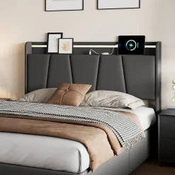 Lit Double 140 X 200 Cm Avec Éclairage LED, Prise USB, Rangement, Tête De Lit Capitonnée, Noir