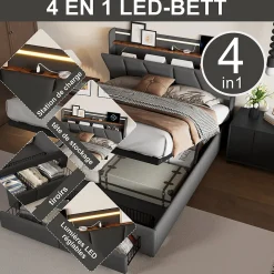 Lit Double 140 X 200 Cm Avec Éclairage LED, Prise USB, Rangement, Tête De Lit Capitonnée, Noir