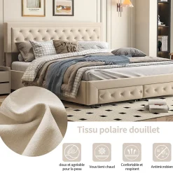 Lit Double 180 X 200 Cm Avec Coffre Et Tiroirs,velours,sommier à Lattes,lit Hydraulique, Beige