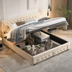 Lit Double 180 X 200 Cm Avec Coffre Et Tiroirs,velours,sommier à Lattes,lit Hydraulique, Beige